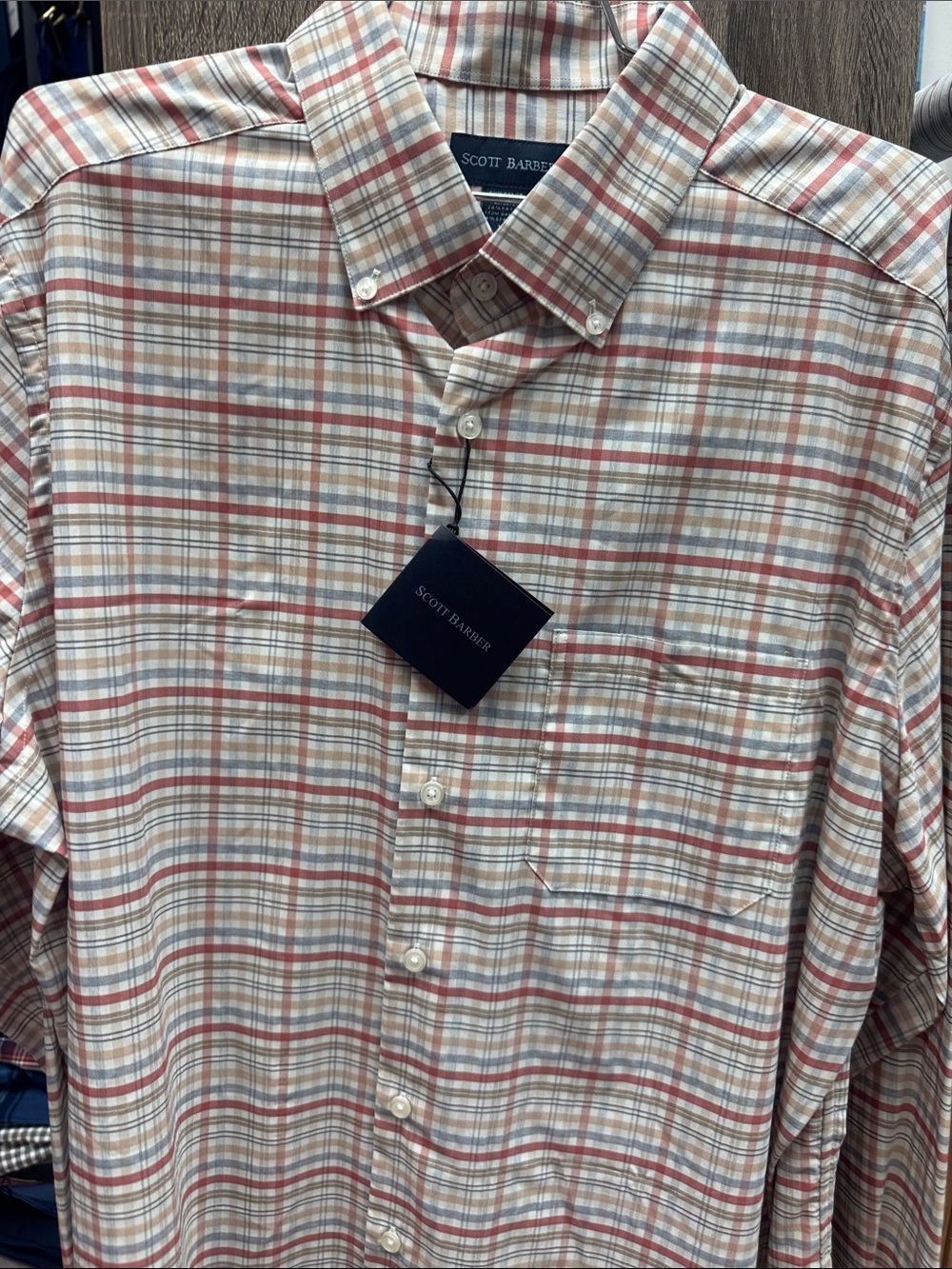 Scott Barber Men's Beige and Rust Plaid Button-Down Shirt